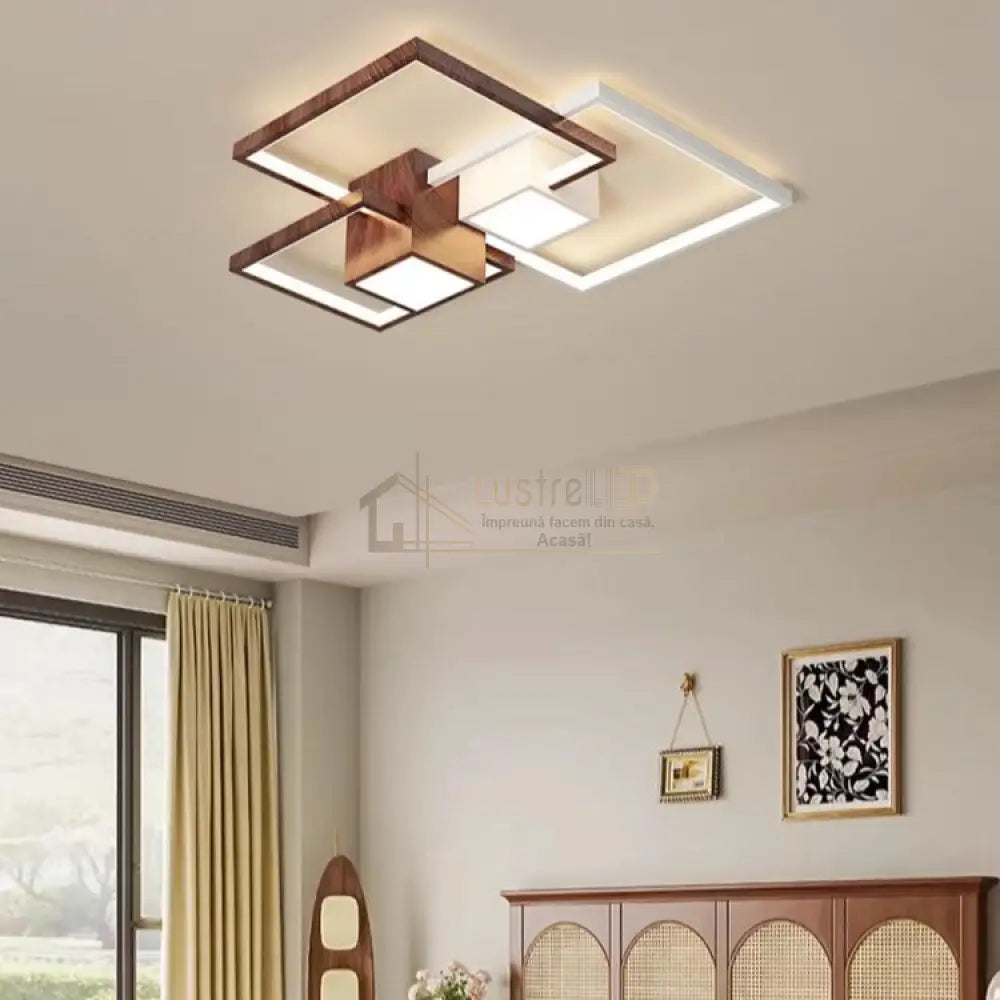 Lustra LED Squares White & Wood Echivalent 800W Telecomanda Lighting Fixtures