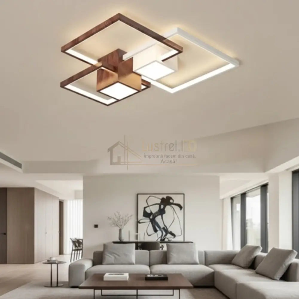 Lustra LED Squares White & Wood Echivalent 800W Telecomanda Lighting Fixtures