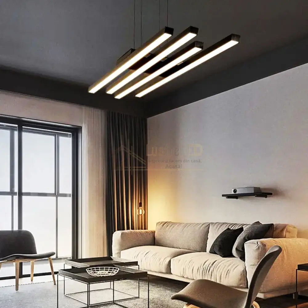 Lustra Led Suspendata 4 Linnes Black Echivalent 400W Telecomanda Lighting Fixtures