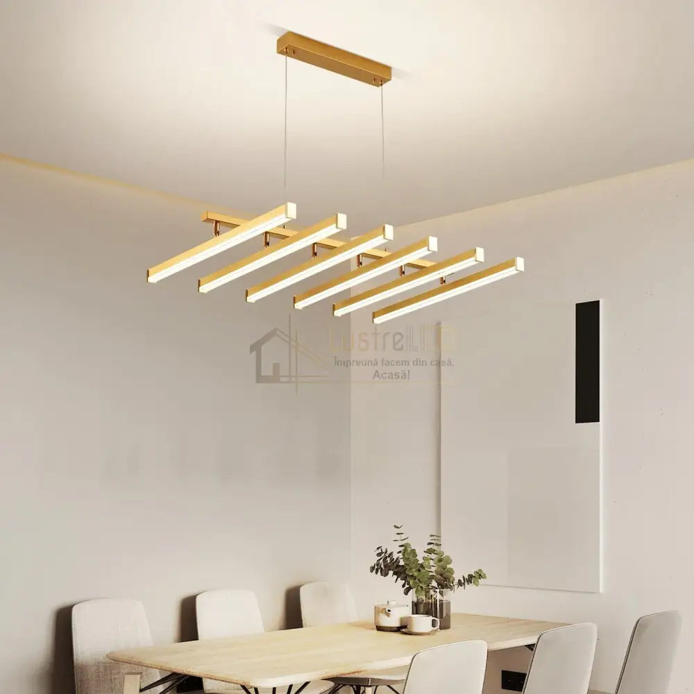 Lustra LED Suspendata 6 Linii Reglabile Gold Echivalent 800W Telecomanda lustreled.ro
