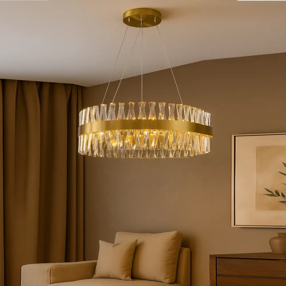 Lustra LED Suspendata Bijoux Gold Cristal Telecomanda 60CM lustreled.ro