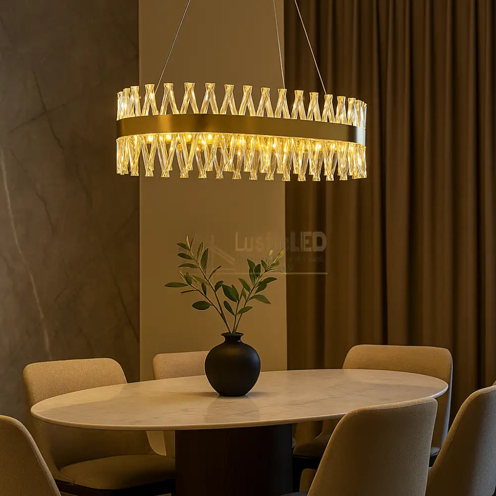 Lustra LED Suspendata Bijoux Gold Cristal Telecomanda 80x30CM lustreled.ro