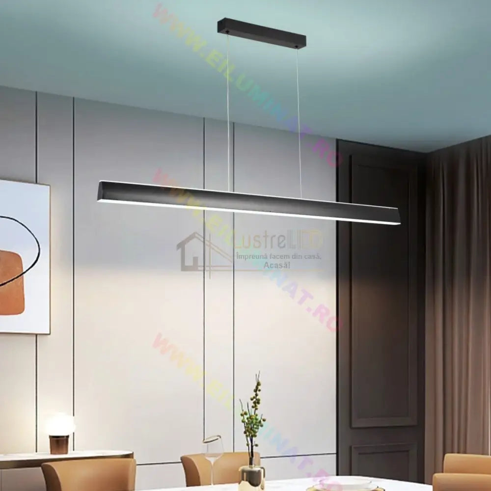 Lustra Led Suspendata Black 120Cm Liniara Echivalent 400W Telecomanda Lighting Fixtures