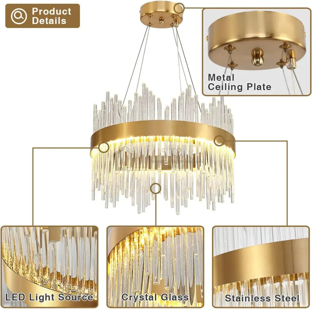 Lustra Led Suspendata Crown Gold Cristal 40Cm Echivalent 300W Telecomanda Chandeliers Crystal