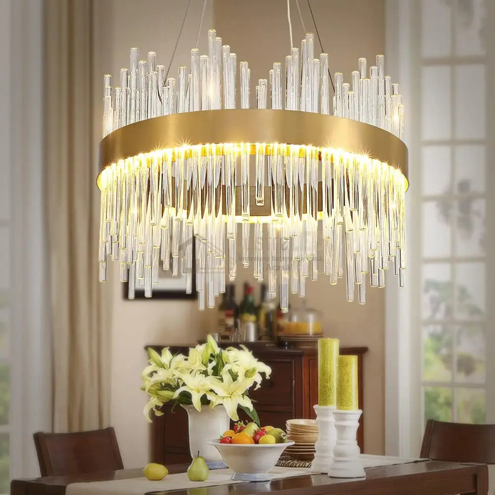 Lustra Led Suspendata Crown Gold Cristal 40Cm Echivalent 300W Telecomanda Chandeliers Crystal