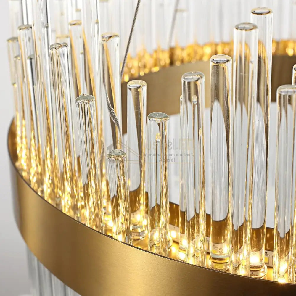 Lustra Led Suspendata Crown Gold Cristal 60Cm Echivalent 500W Telecomanda Chandeliers Crystal