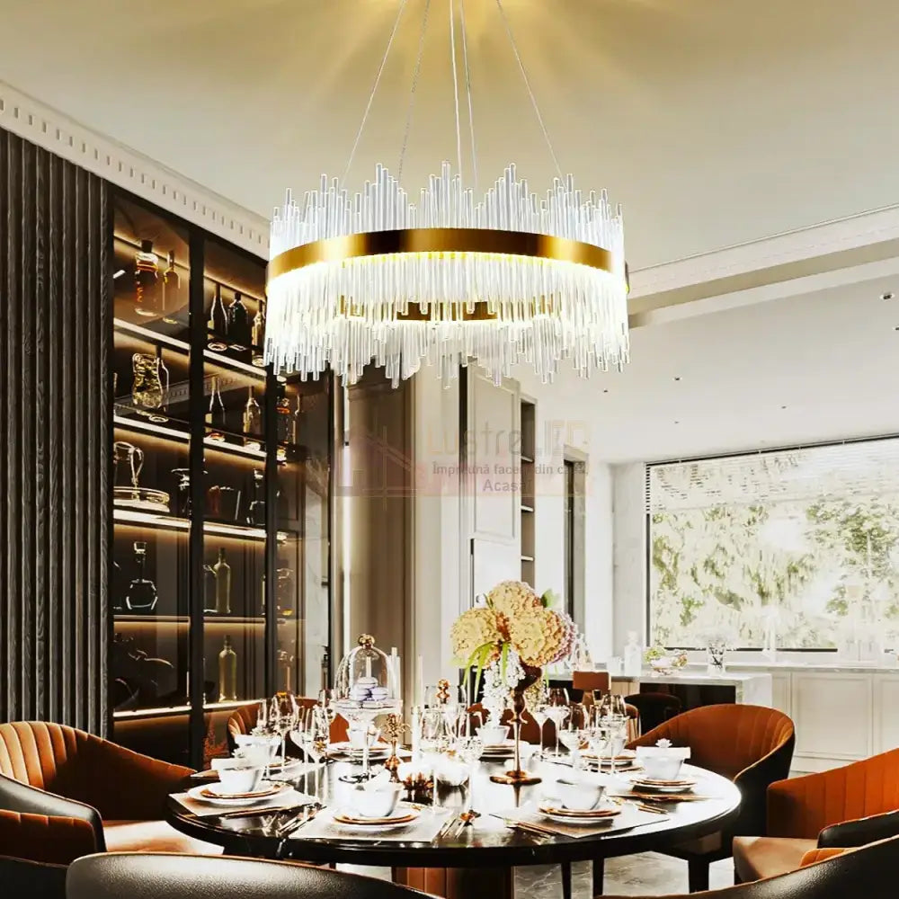 Lustra Led Suspendata Crown Gold Cristal 60Cm Echivalent 500W Telecomanda Chandeliers Crystal