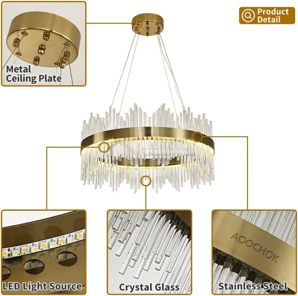 Lustra Led Suspendata Crown Gold Cristal 60Cm Echivalent 500W Telecomanda Chandeliers Crystal