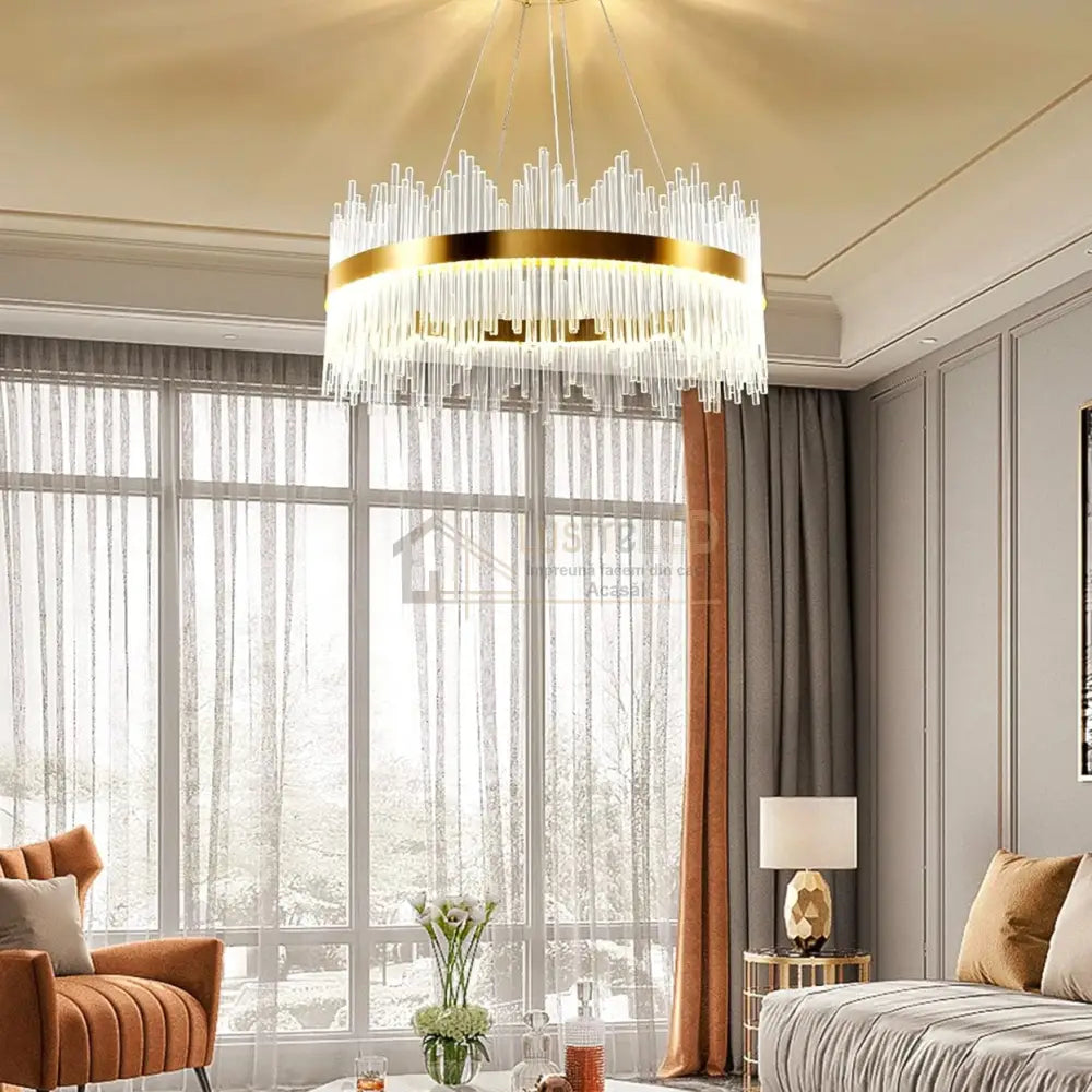 Lustra Led Suspendata Crown Gold Cristal 60Cm Echivalent 500W Telecomanda Chandeliers Crystal