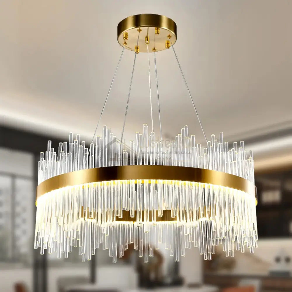 Lustra Led Suspendata Crown Gold Cristal 60Cm Echivalent 500W Telecomanda Chandeliers Crystal