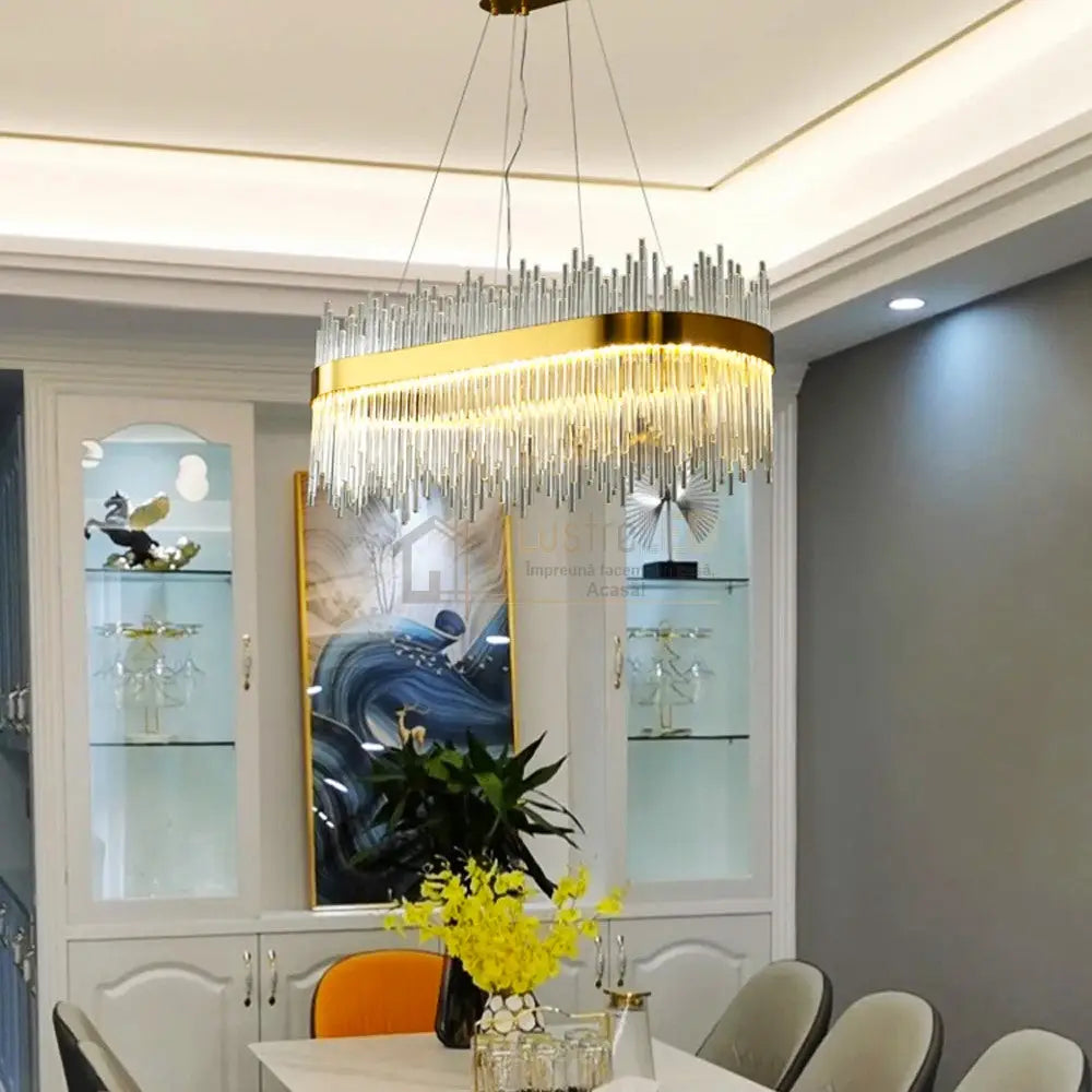 Lustra Led Suspendata Crown Gold Cristal 80X30Cm Echivalent 600W Telecomanda Chandeliers Crystal