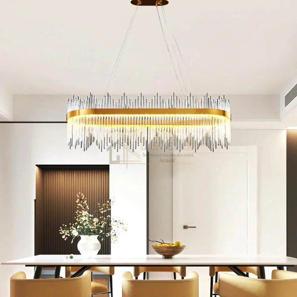 Lustra Led Suspendata Crown Gold Cristal 80X30Cm Echivalent 600W Telecomanda Chandeliers Crystal