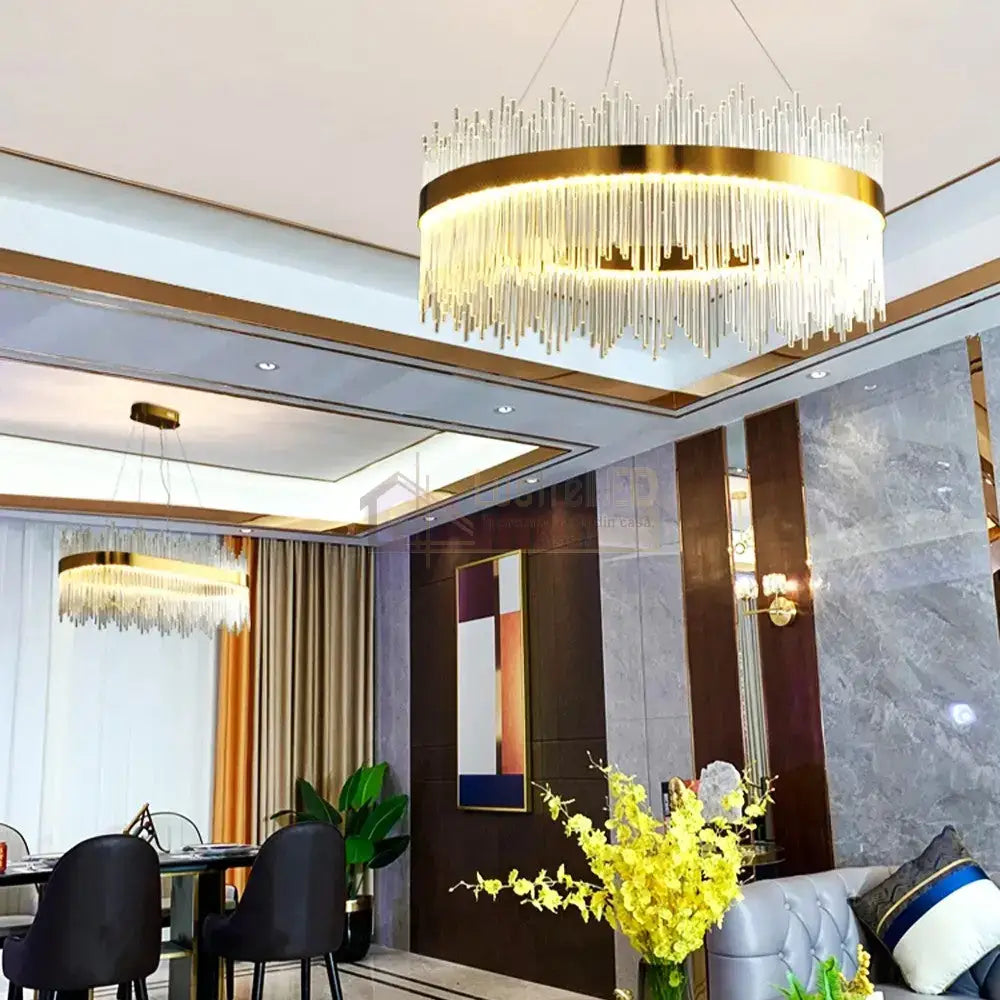 Lustra Led Suspendata Crown Gold Cristal 80X30Cm Echivalent 600W Telecomanda Chandeliers Crystal