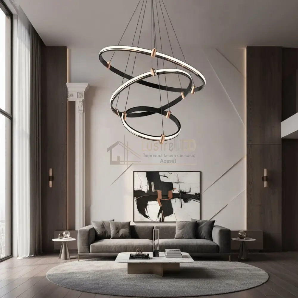 Lustra LED Suspendata ZENO Black 3 Segmente Echivalent 400W Telecomanda NEAGRA Lighting Fixtures