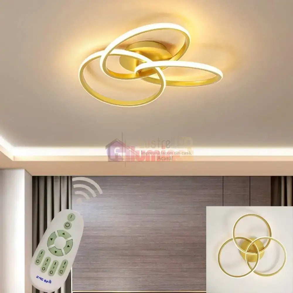 Lustra LED Three RINGS Gold Echivalent 400W cu Telecomanda lustreled.ro