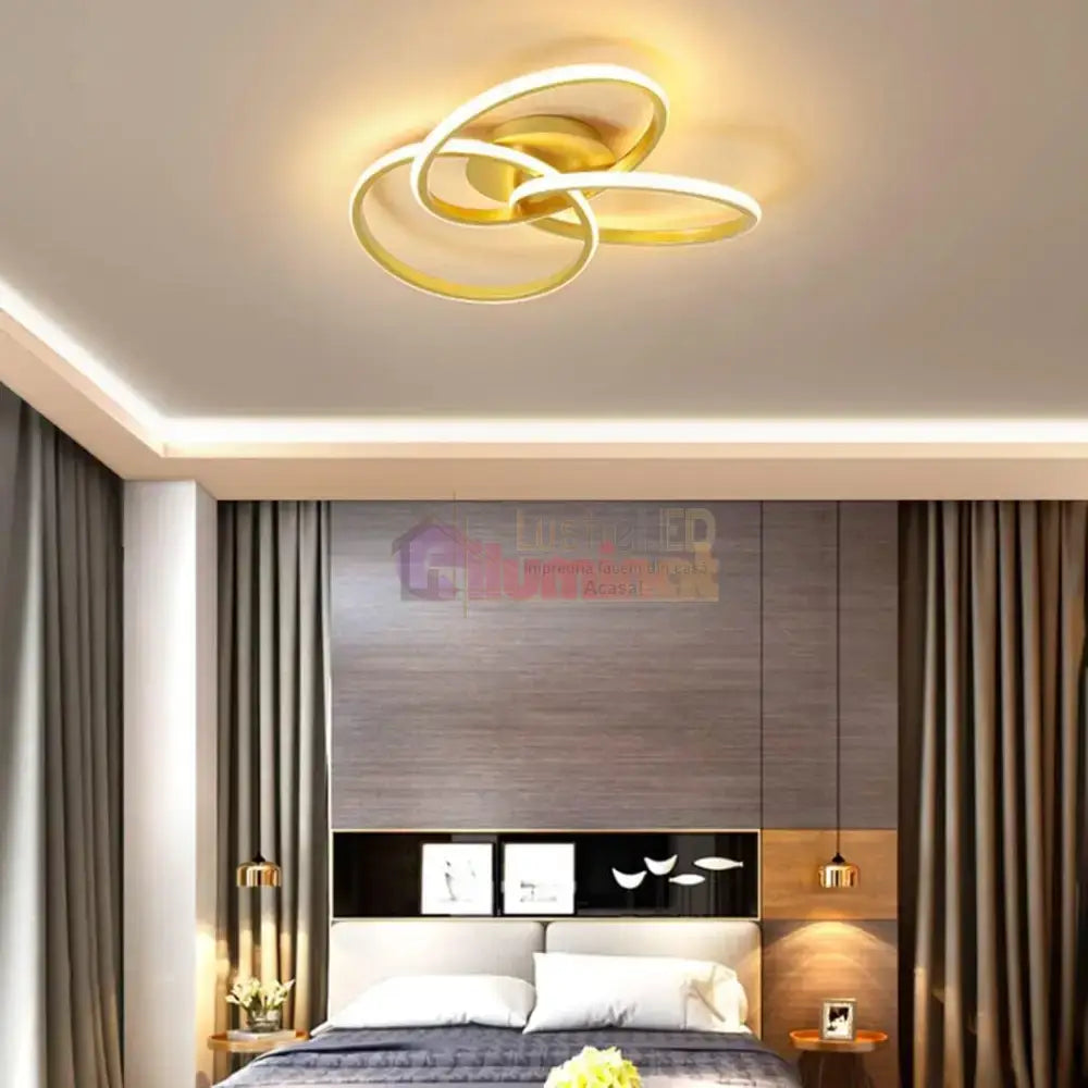 Lustra LED Three RINGS Gold Echivalent 400W cu Telecomanda lustreled.ro