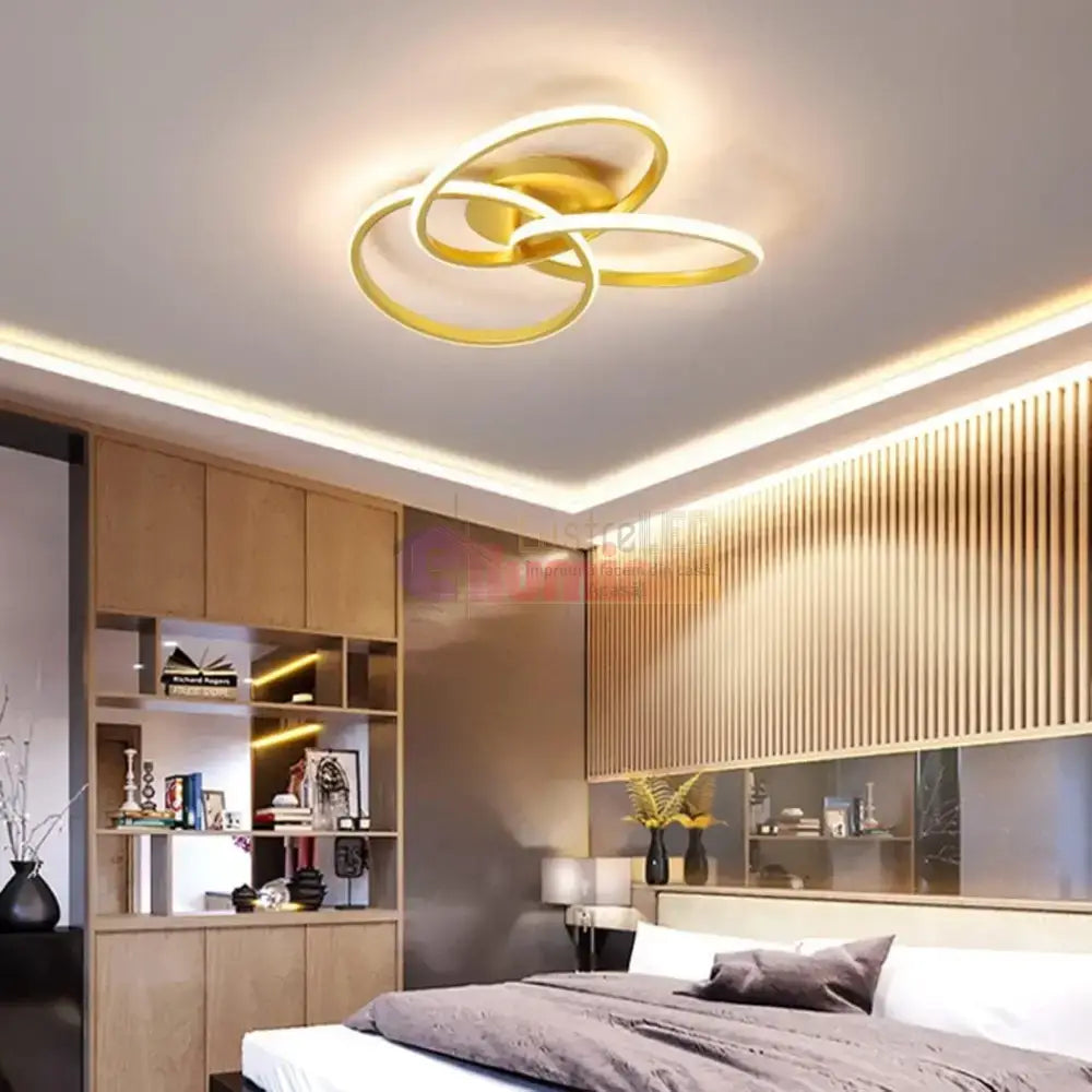 Lustra LED Three RINGS Gold Echivalent 400W cu Telecomanda lustreled.ro