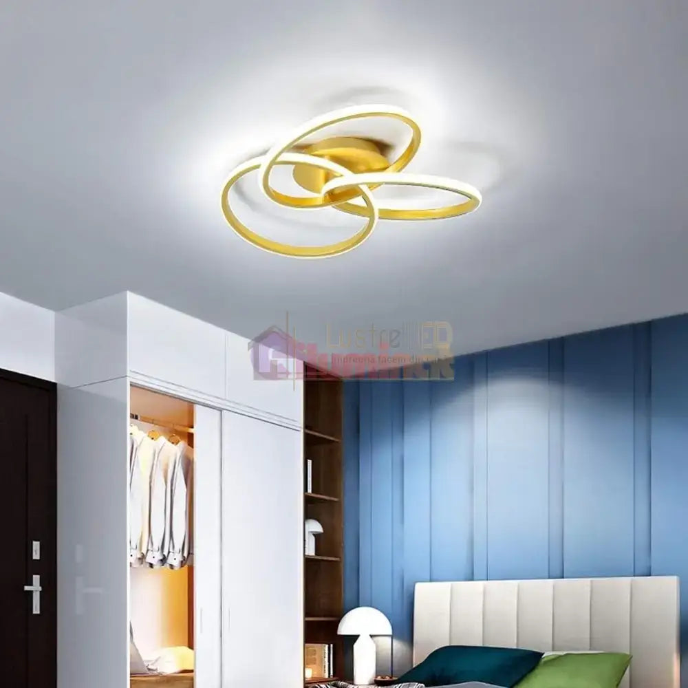 Lustra LED Three RINGS Gold Echivalent 400W cu Telecomanda lustreled.ro