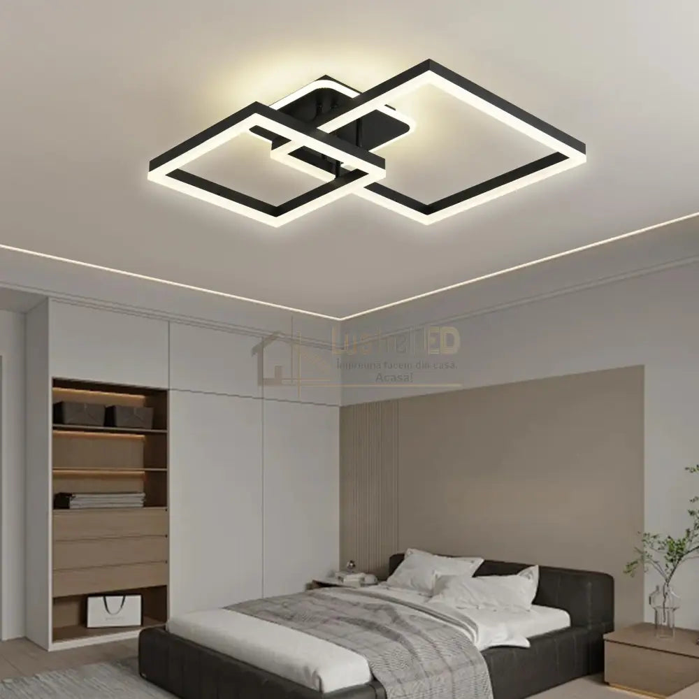 Lustra Led Two Square Black Echivalent 600W Telecomanda Lighting Fixtures