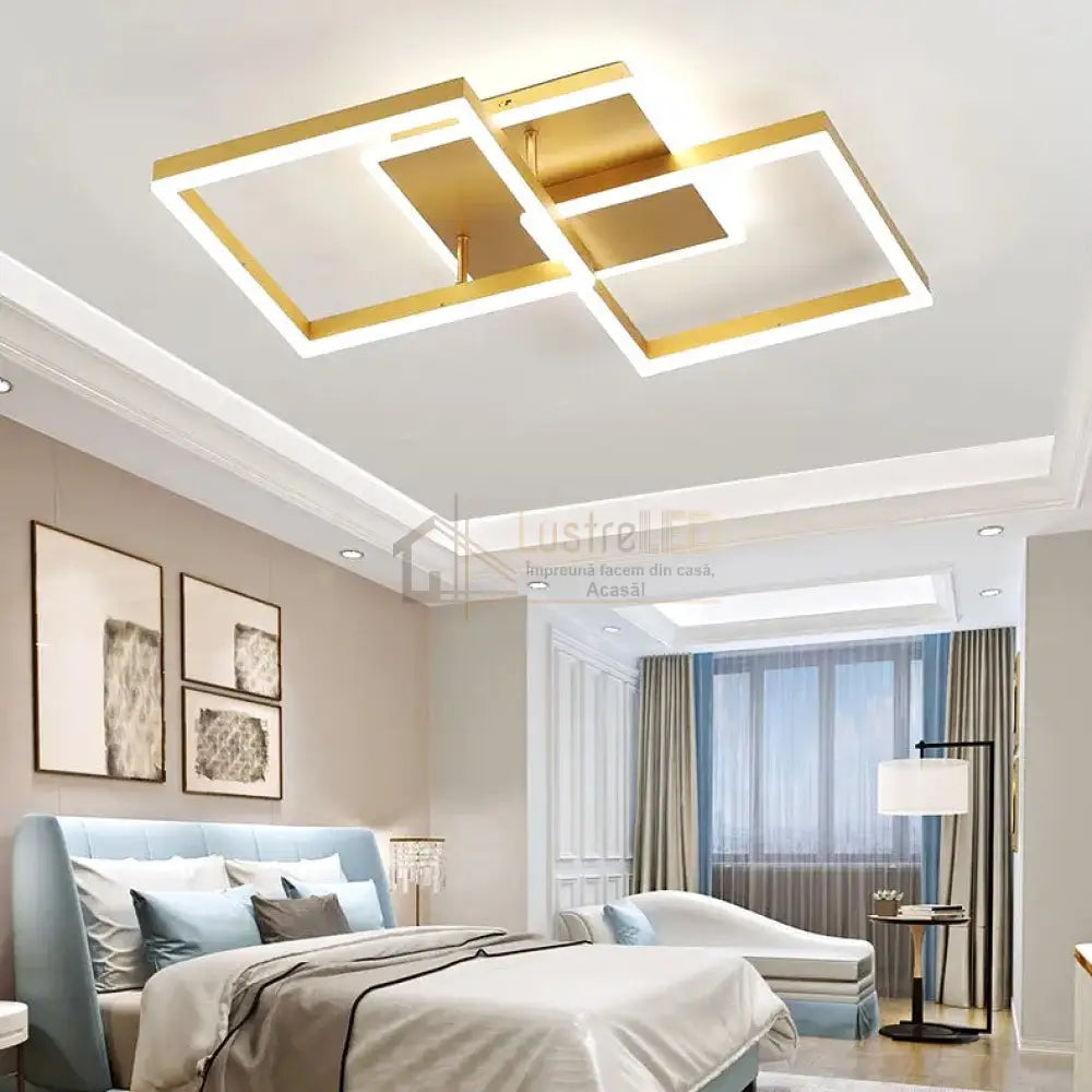 Lustra Led Two Square Gold Echivalent 600W Telecomanda Lighting Fixtures