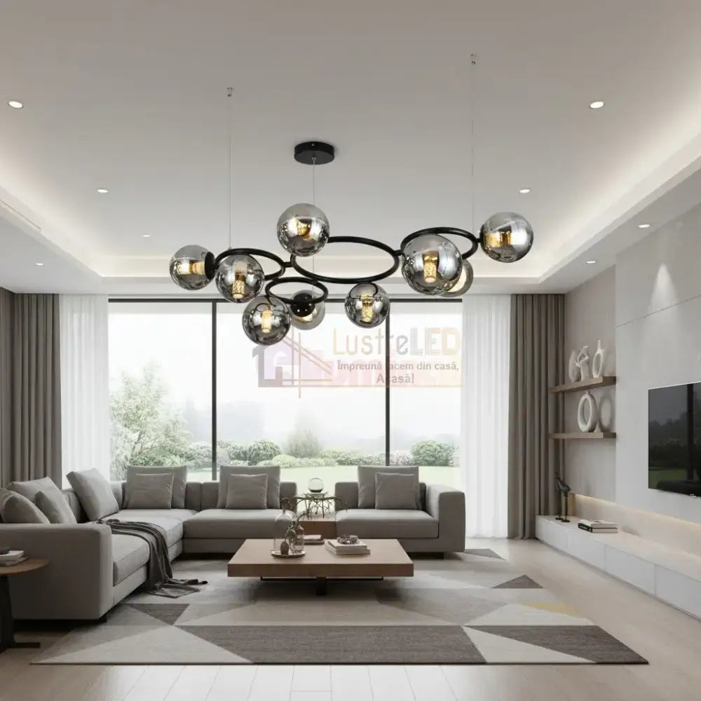 Lustra Suspendata DIONIS Circles Black Abajur Fumuriu 9xE27 Chandeliers