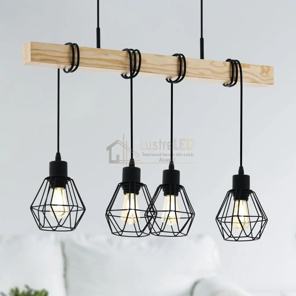 Lustra Suspendata TOWNSHEND 5 Black & Wood 4xE27 Eglo Chandeliers