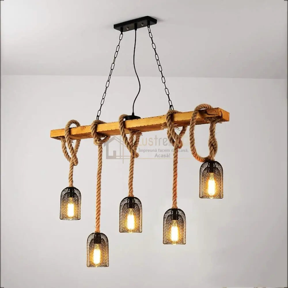 Lustra Wood Design Steel Cage 5Xe27 Lighting Fixtures