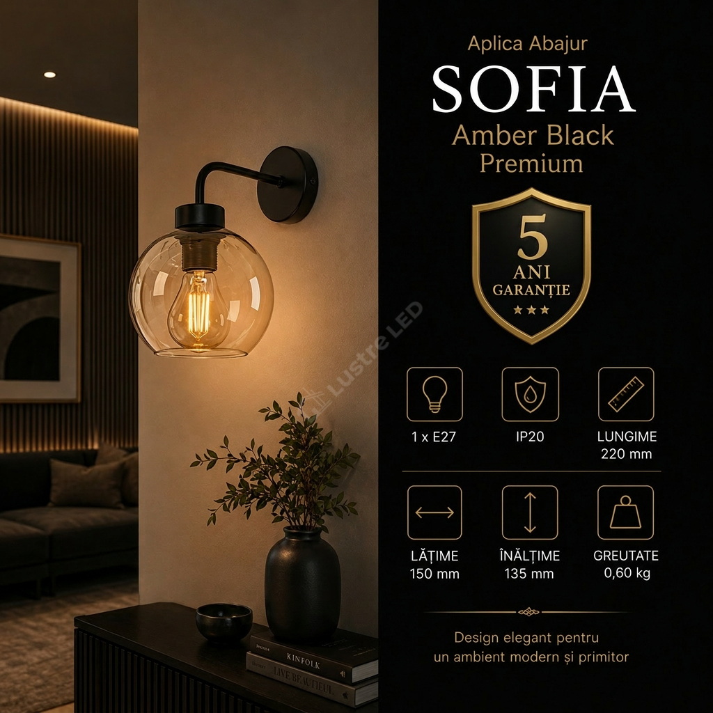 Aplica Abajur Sofia Amber Black Premium