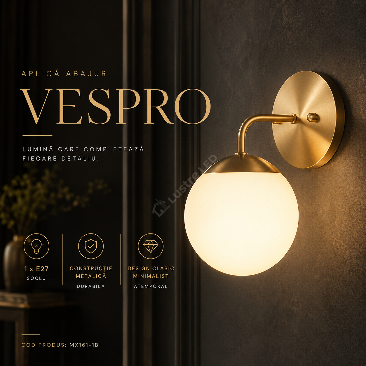 Aplica Abajur VESPRO Gold 1xE27 cu Abajur