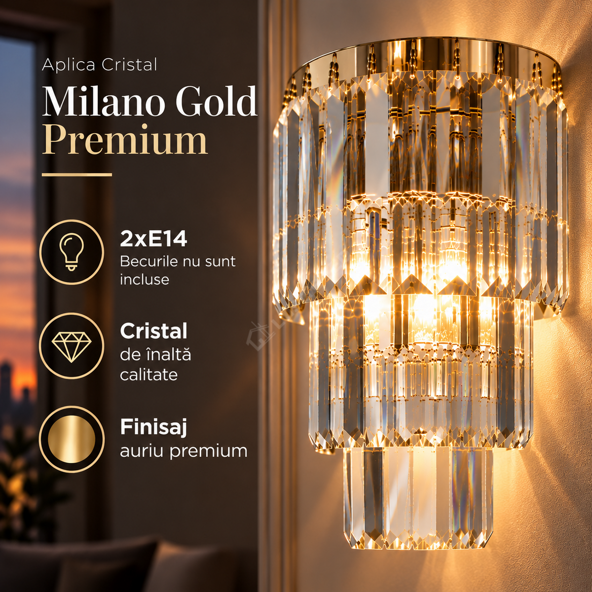 Aplica Cristal Milano Gold Premium 2xE14
