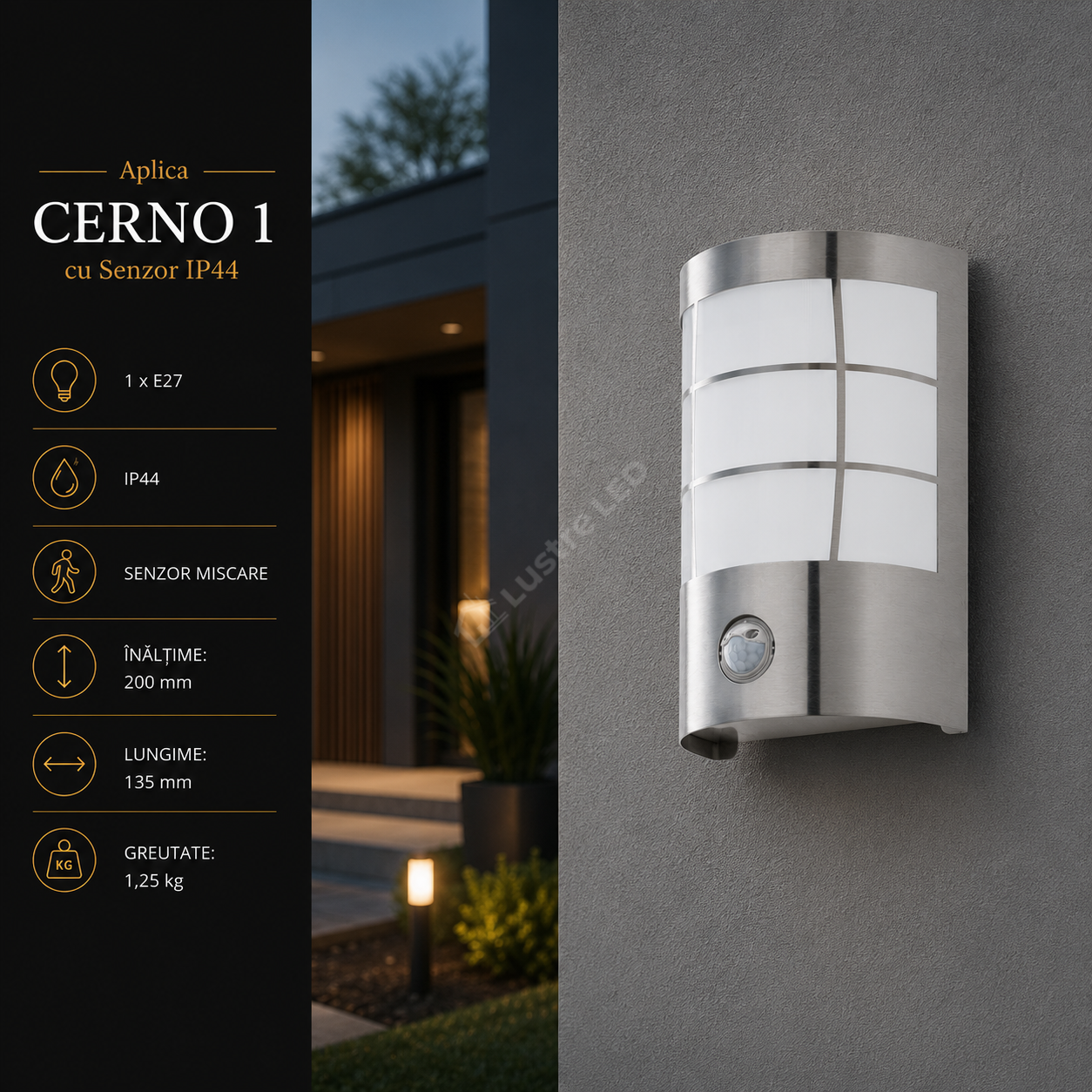 Aplica Exterior CERNO 1 Silver cu Senzor 20x14CM IP44