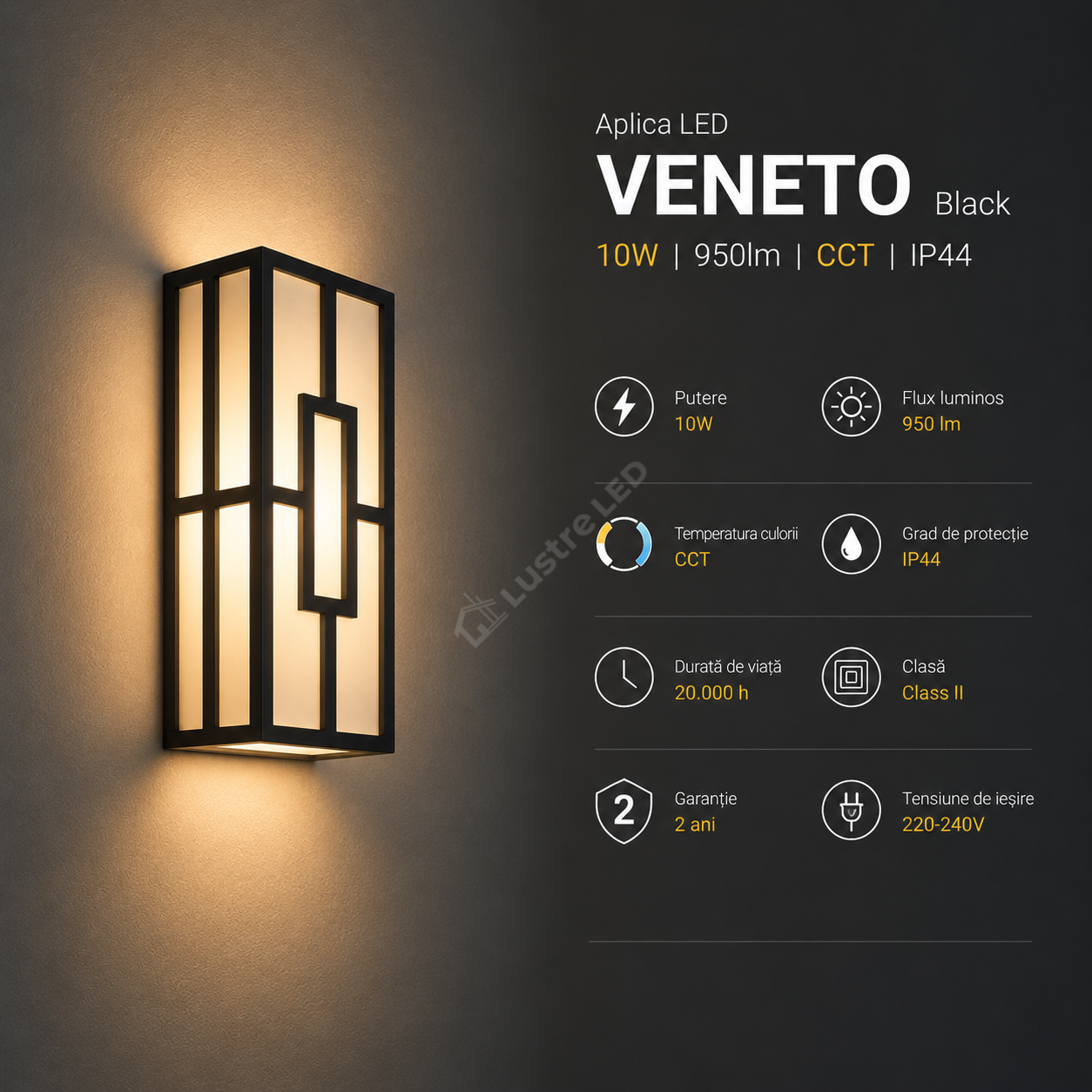 Aplica LED 10W VENETO Black 950lm CCT Exterior IP44