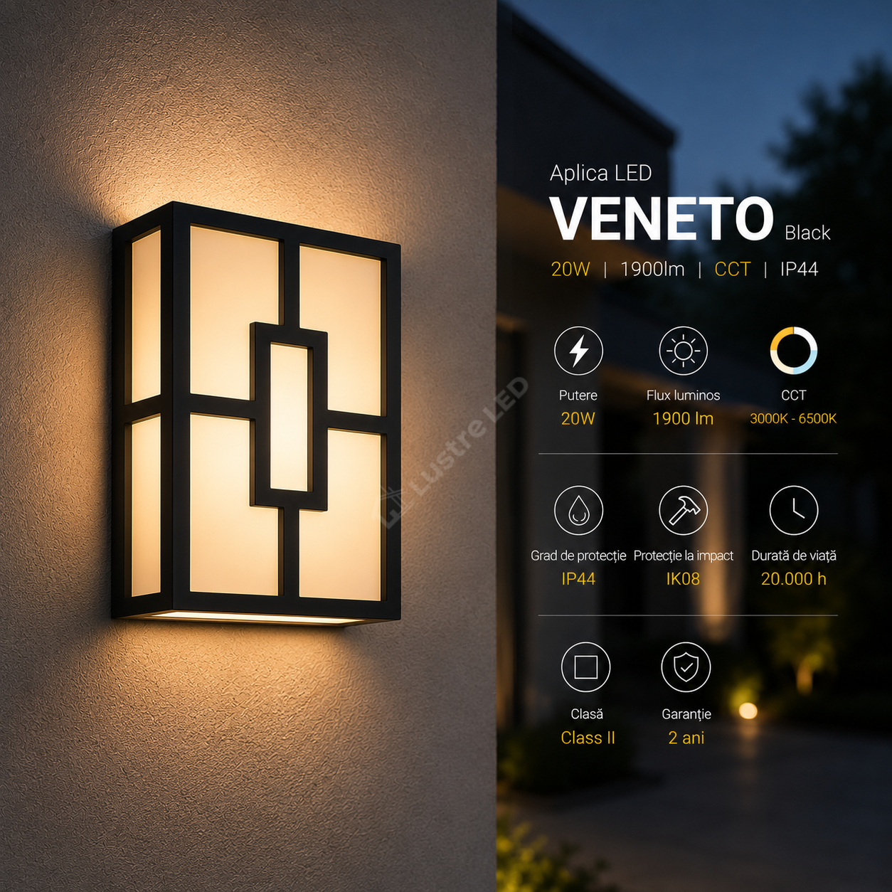 Aplica LED 20W VENETO Black 1900lm CCT Exterior IP44
