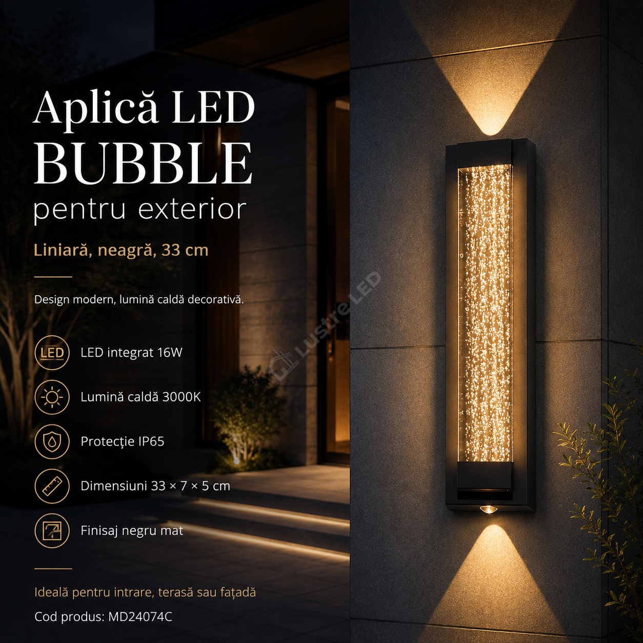 Aplica LED 33CM 16W Liniara Bubble Neagra Exterior