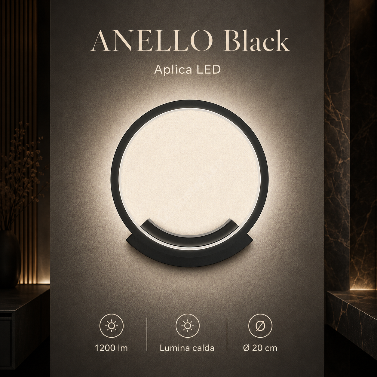 Aplica LED ANELLO Black Ø20CM Echivalent 80W