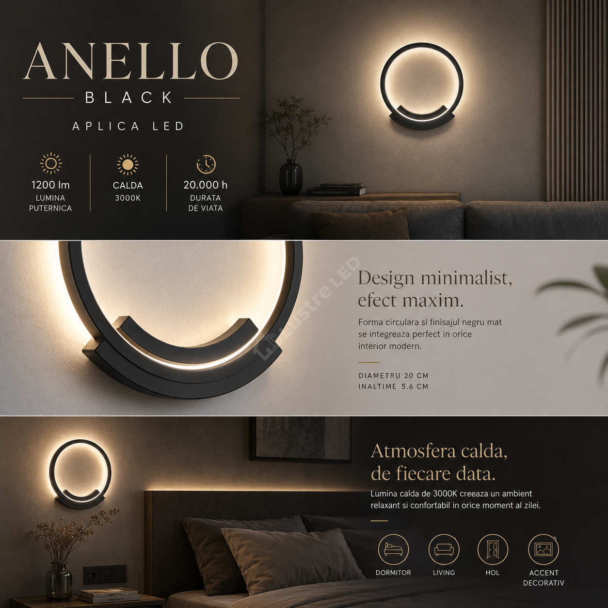 Aplica LED ANELLO Black Ø20CM Echivalent 80W