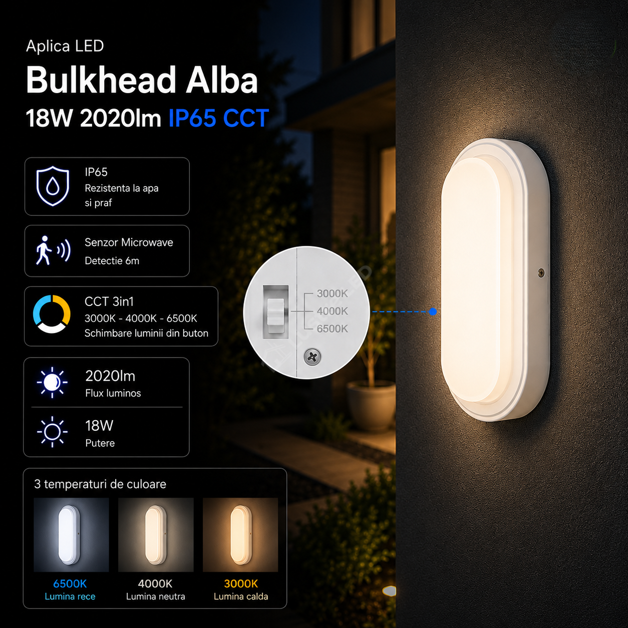 Aplica LED Bulkhead Alba 18W 2020lm IP65 CCT