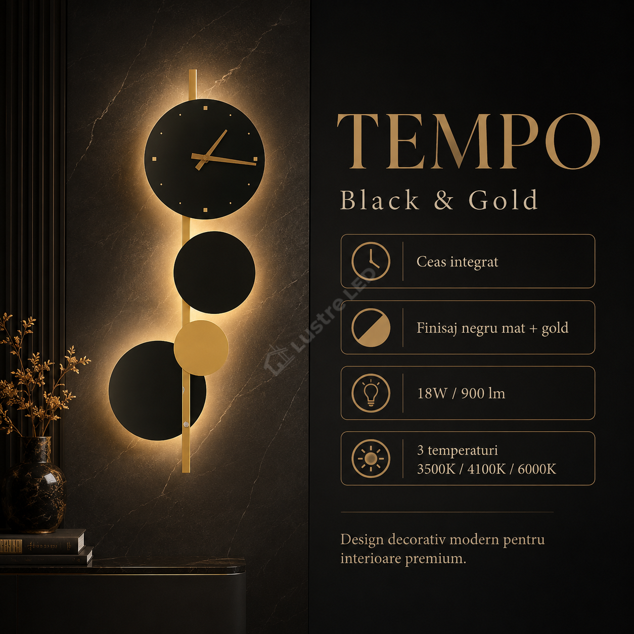 Aplica LED Ceas TEMPO Black&Gold 71CM 18W Echivalent 90W