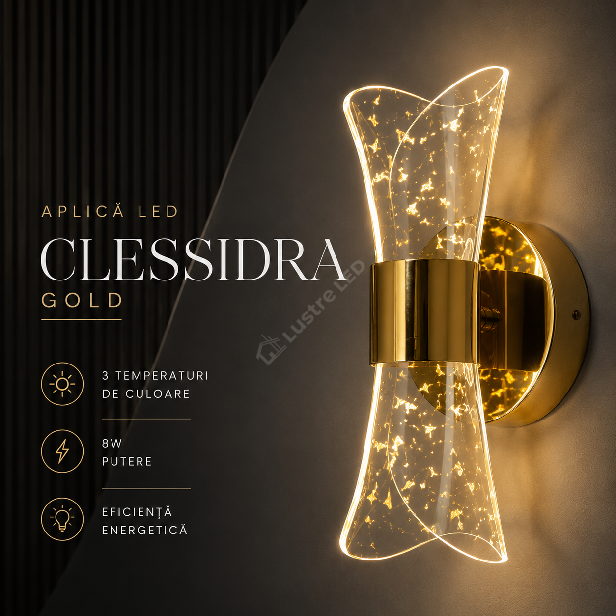 Aplica LED CLESSIDRA 3 Functii  Gold 22CM 8W Echivalent 40W