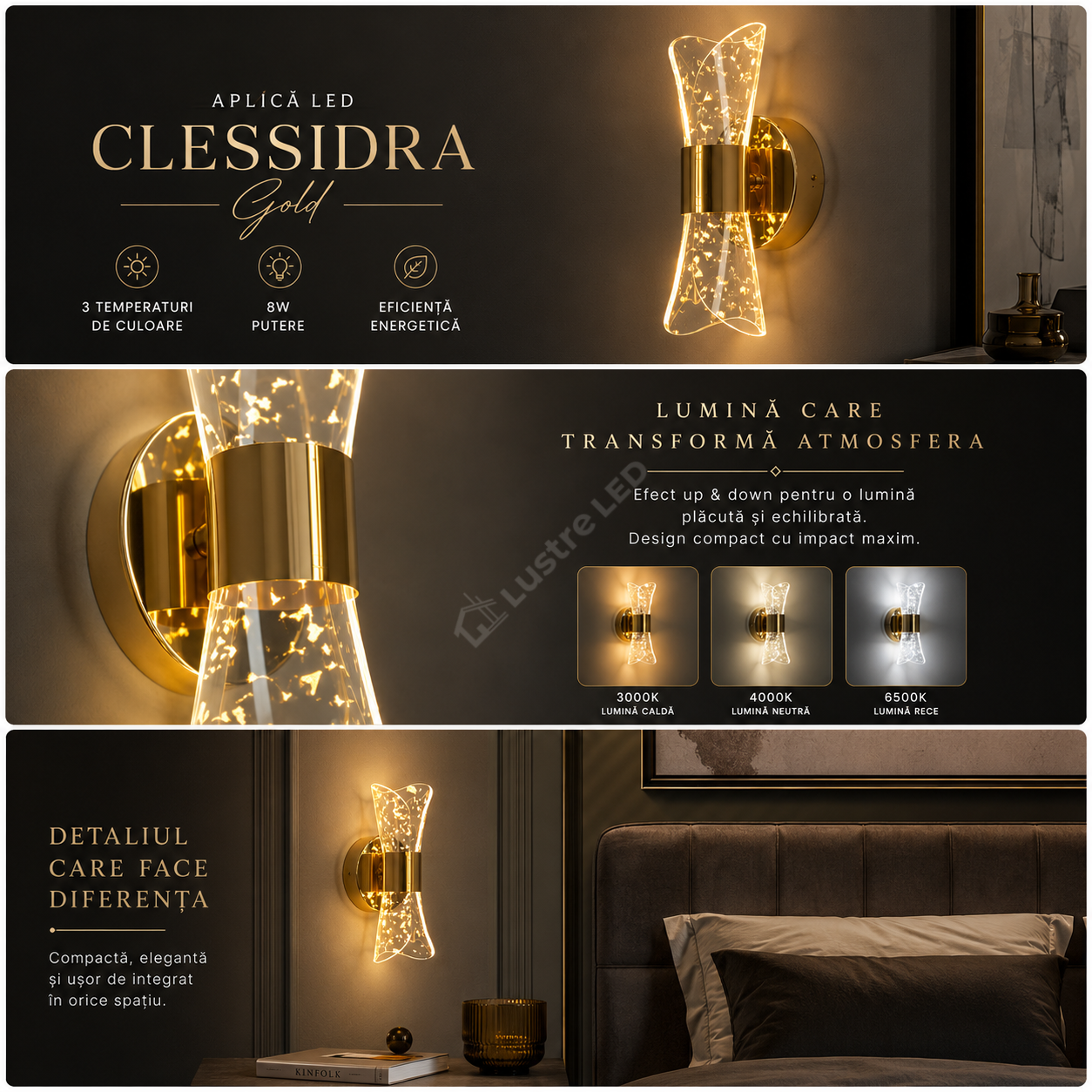 Aplica LED CLESSIDRA 3 Functii  Gold 22CM 8W Echivalent 40W