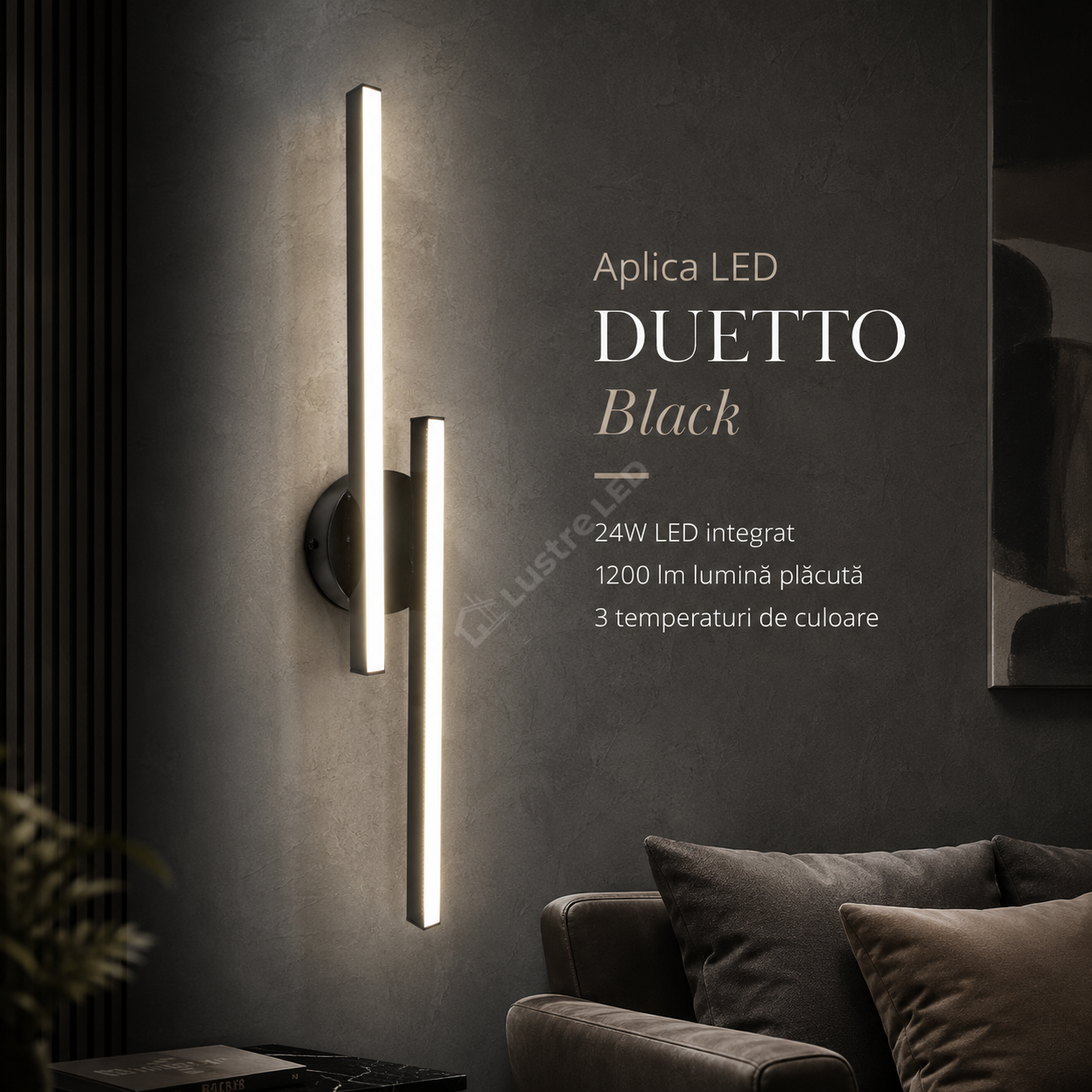 Aplica LED DUETTO Black 60CM 24W Echivalent 120W