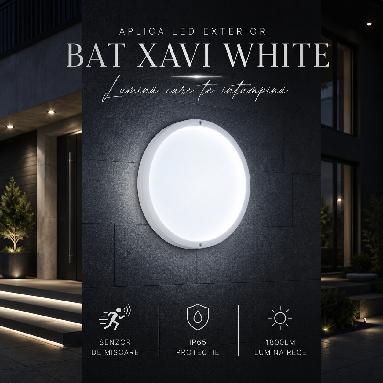 Aplica LED Exterior BAT XAVI Alba cu Senzor IP65 18W