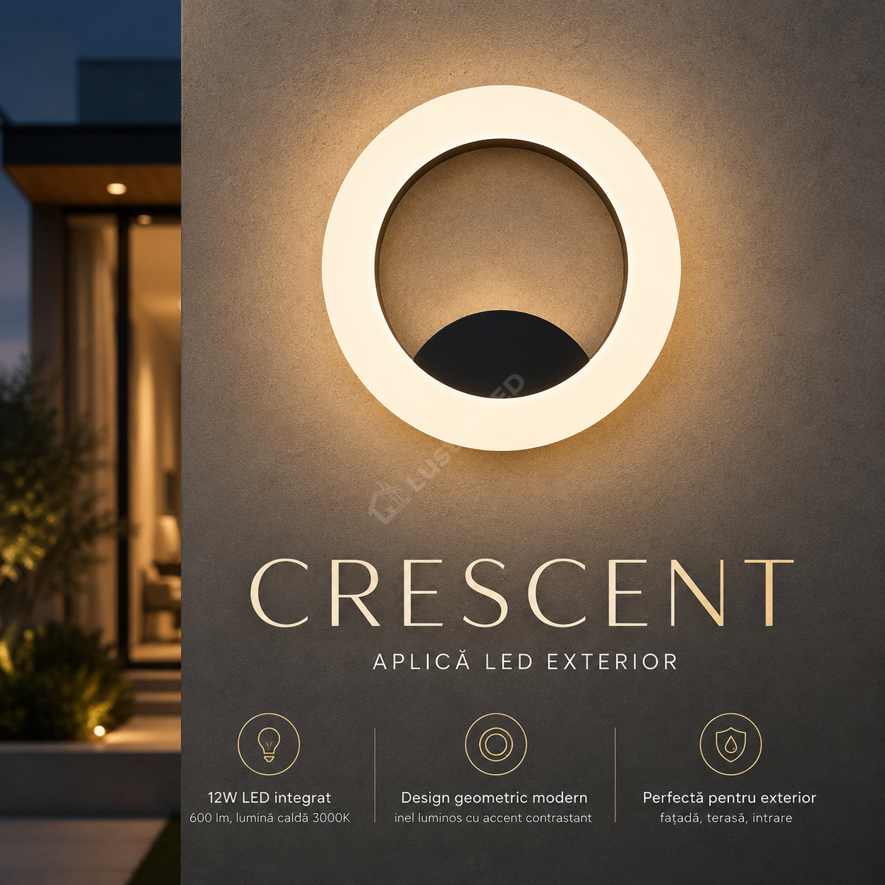 Aplica LED Exterior CRESCENT White & Black Ø20CM 12W