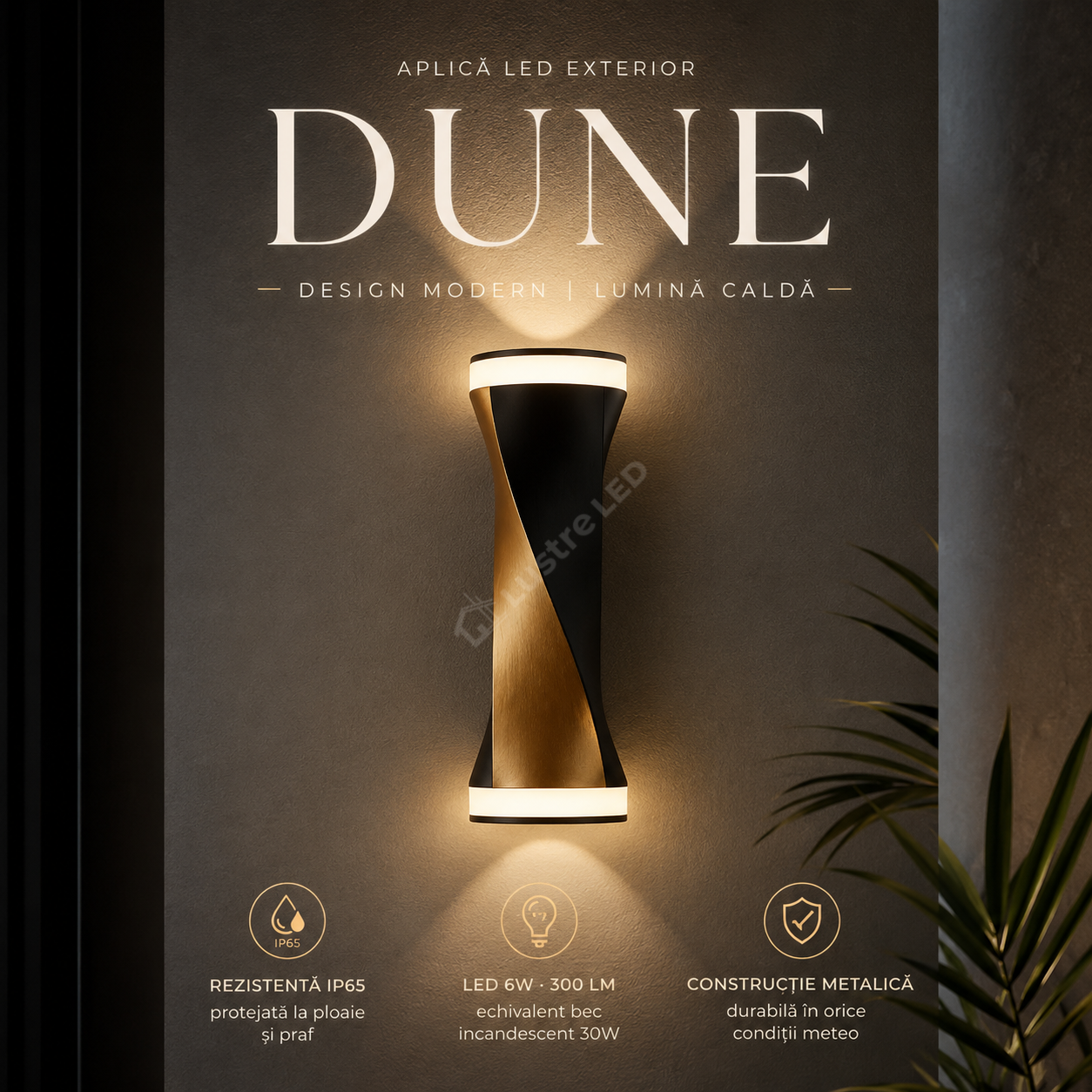Aplica LED Exterior DUNE Black & Gold Bidirectionala IP65 6W