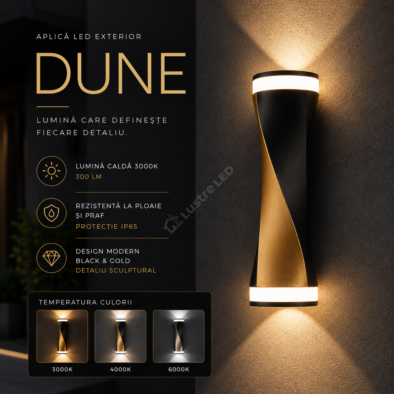 Aplica LED Exterior DUNE Black & Gold Bidirectionala IP65 6W