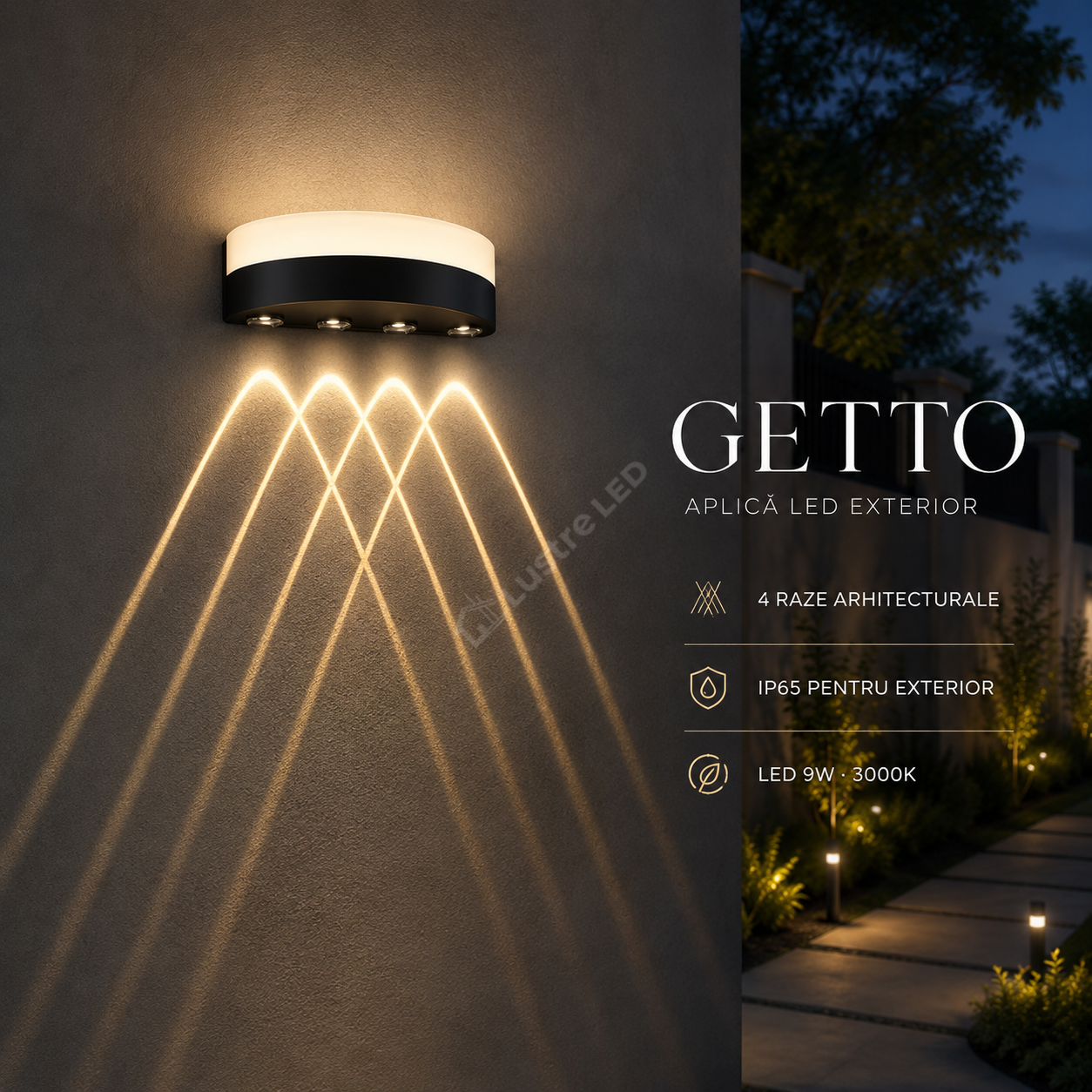 Aplica LED Exterior GETTO Black 4 Raze 20CM IP65 9W