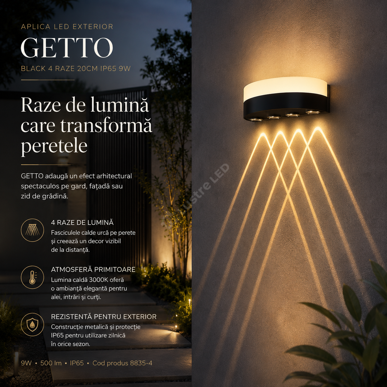 Aplica LED Exterior GETTO Black 4 Raze 20CM IP65 9W