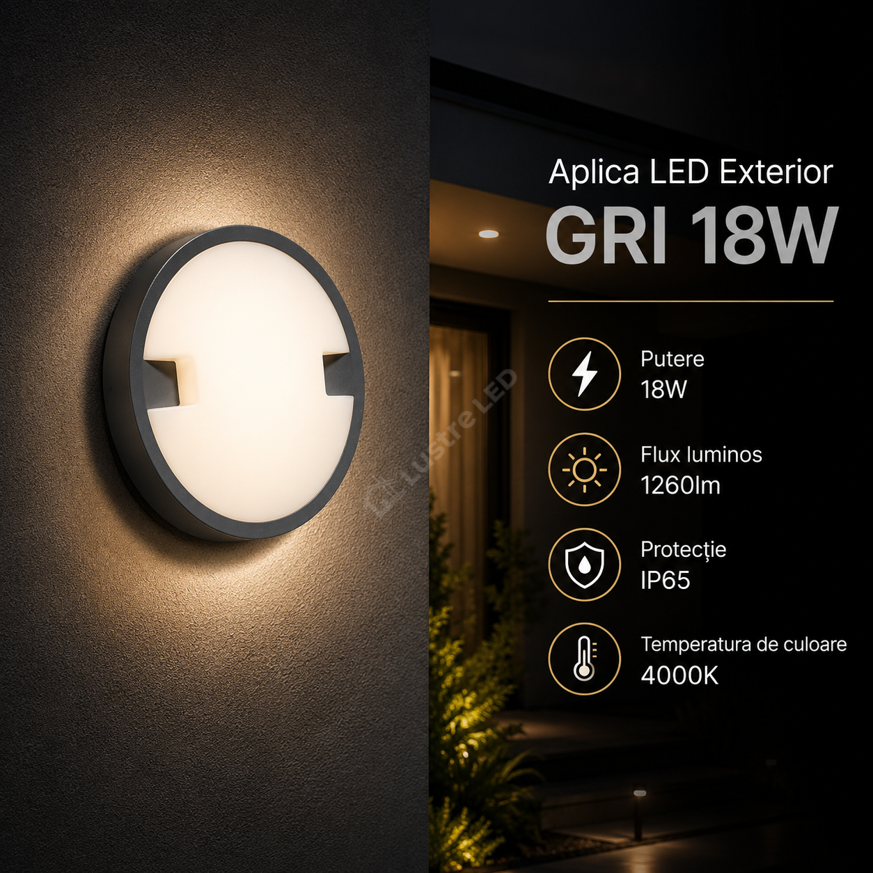 Aplica LED Exterior GRI 18W 4000K Echivalent 150W
