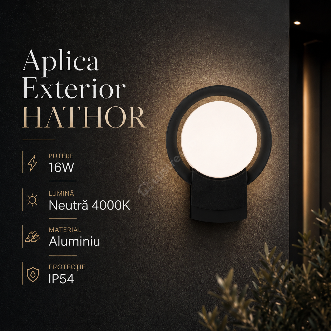 Aplica LED Exterior HATHOR Black 16W 4000K IP54 Echivalent 75W