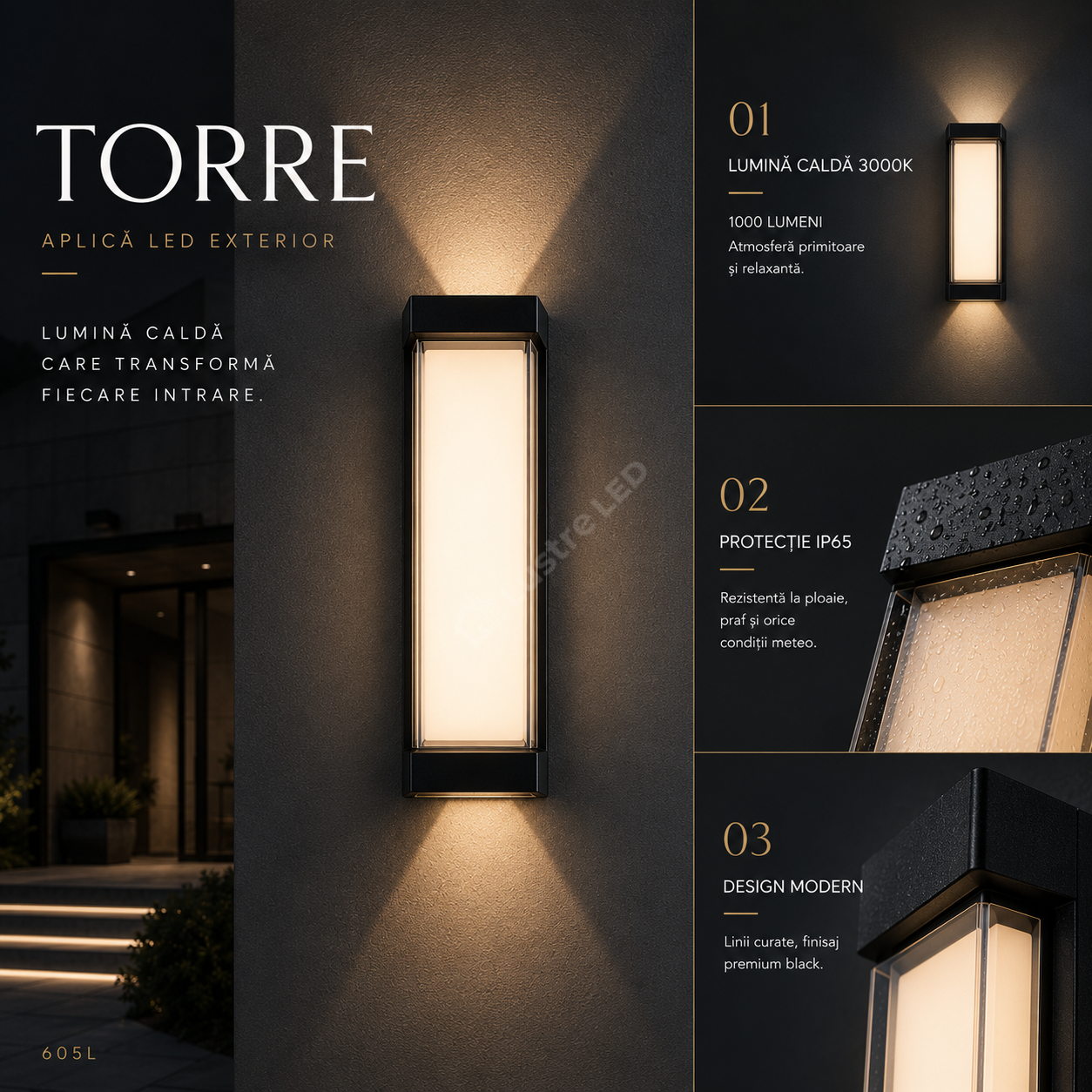 Aplica LED Exterior TORRE Black Bidirectionala IP65 20W